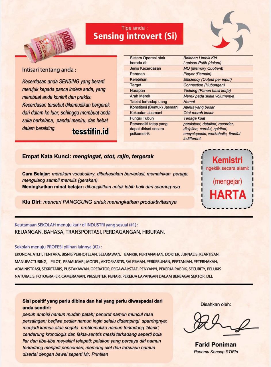 Sertifikat STIFIn Sensing introvert Si - TESSTIFIN.id